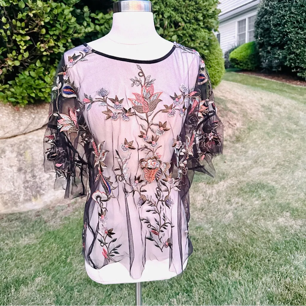 Dalia Floral Embroidered Tulle Top Black Size XL - Image 8