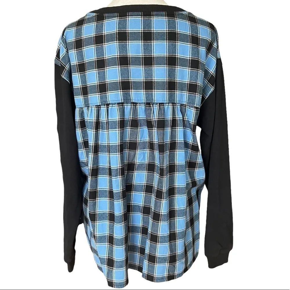 NWT ANTHROPOLOGIE PILCRO Black & Blue Plaid Contrast Long Sleeve Top - Image 4