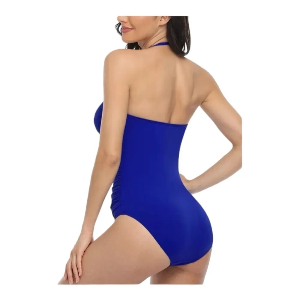Hilor Women's Bandeau One Piece Swimsuits Front Twist
Ruched Bathing Suits 8 Blue - Image 3