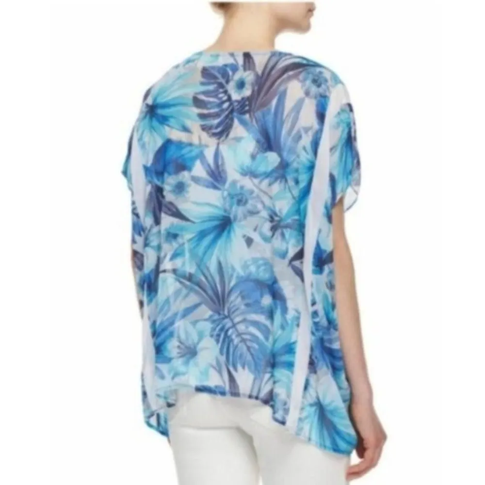 Neiman Marcus Blonde M Sheer Caftan Blue Floral Print Tie-Front Beach Vacation - Image 8