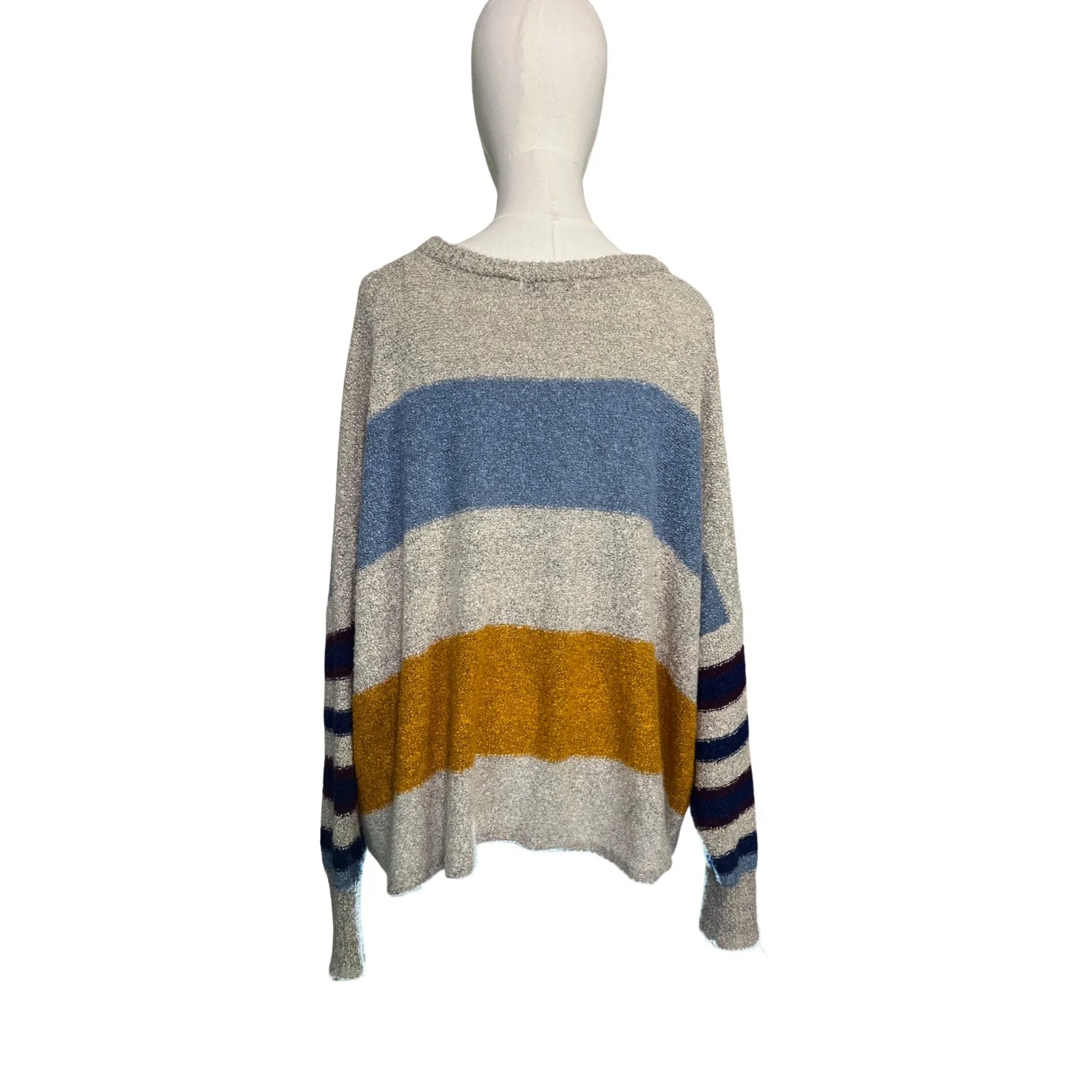 Favlux Striped Boucle Knit Sweater Gray Blue Mustard Large Cozy Soft Slouchy - Image 3