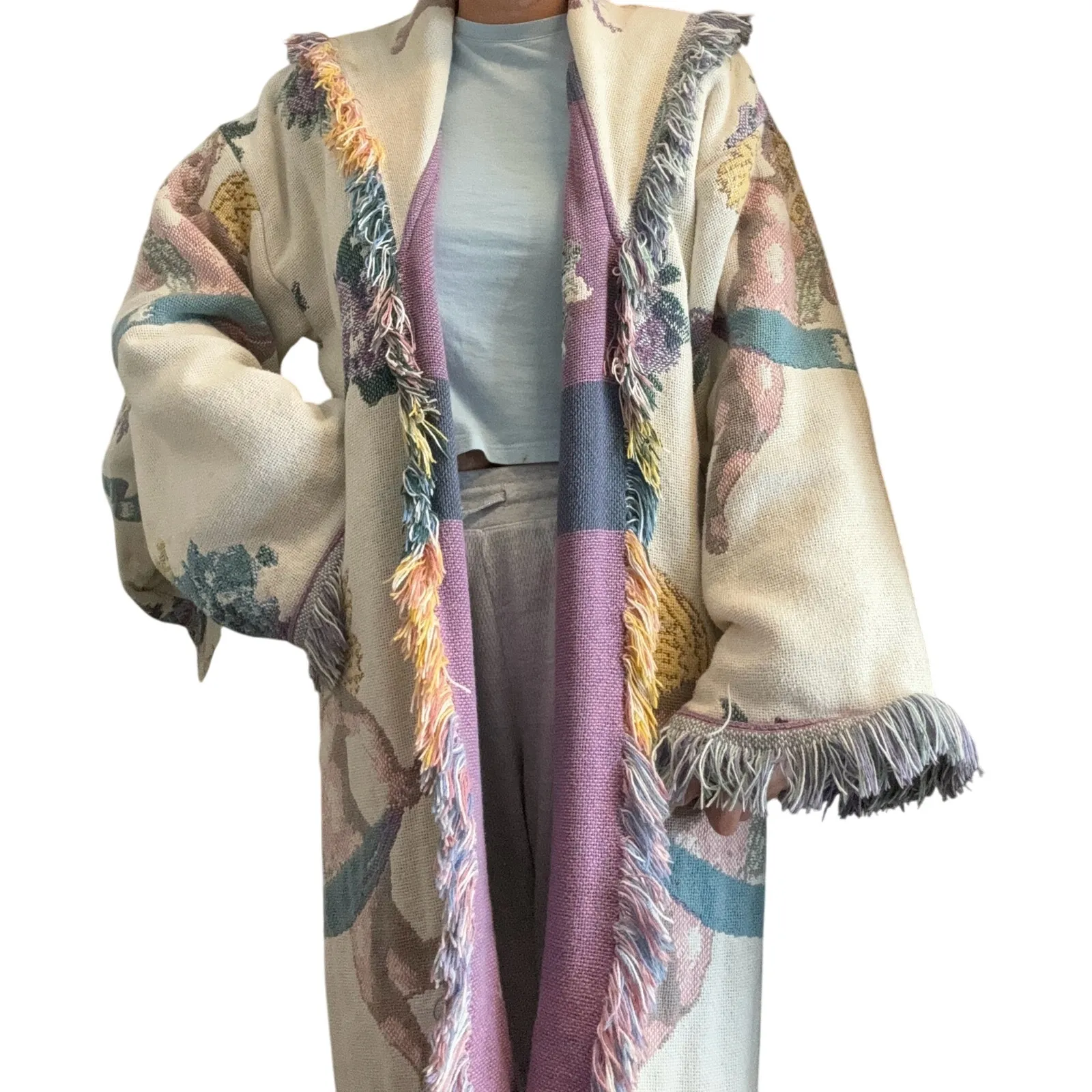 Vintage All in the Bag Coat tapestry blanket fringe 90s cherub open front size L Size L - Image 10