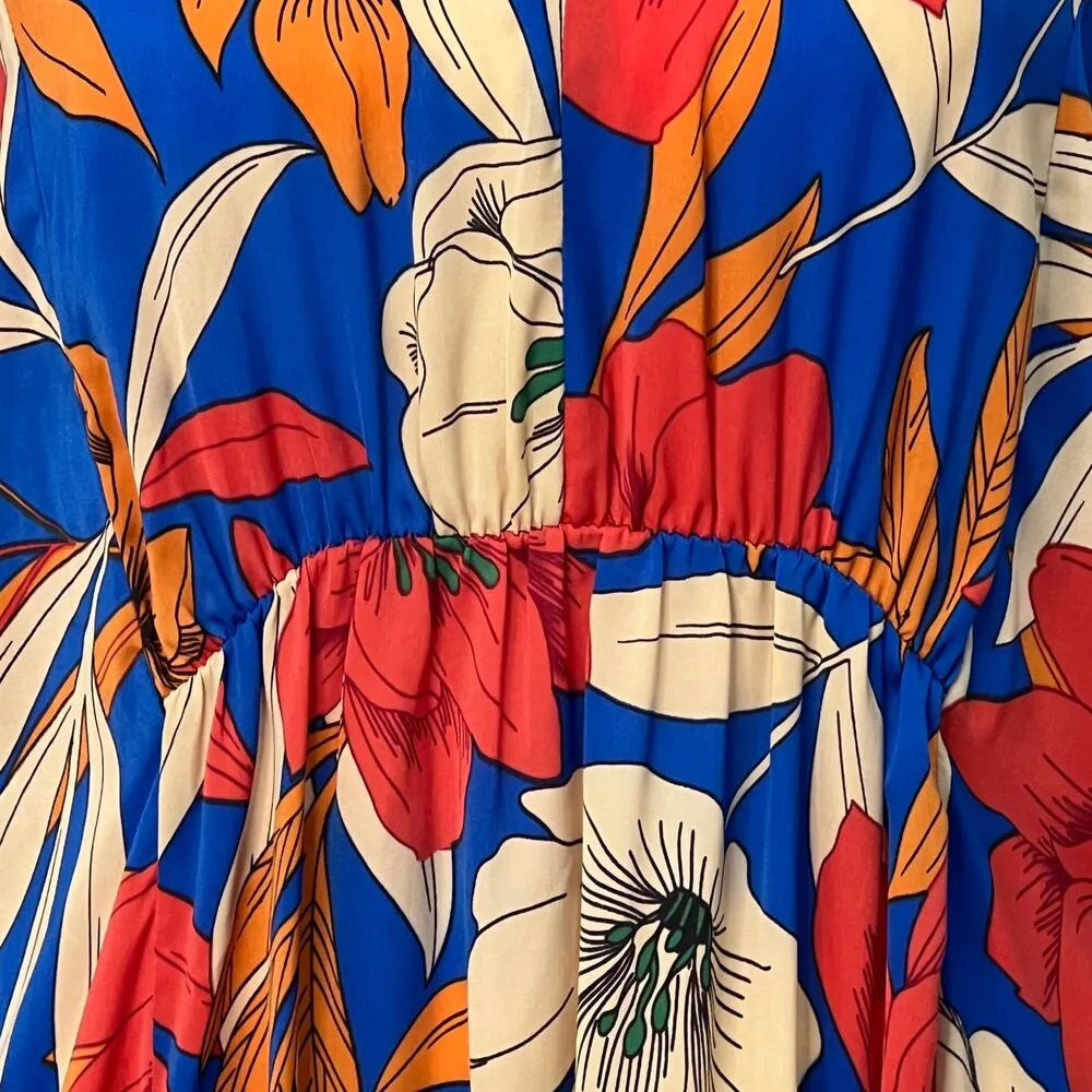 Easel Geometric Floral Maxi Dress Blue Tiered Pockets Small V Neck Boho NWT - Image 8