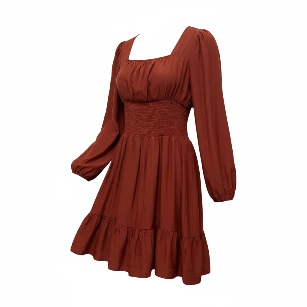 Hesperus Burnt Red Smocked Waist Cottage Style Dress - Image 2
