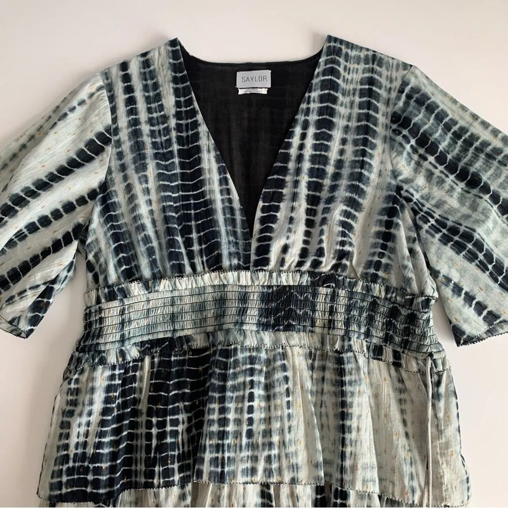 Saylor Syden Navy Tie Dye Gold Metallic V-neck Tiered Boho Mini Dress Large - Image 3