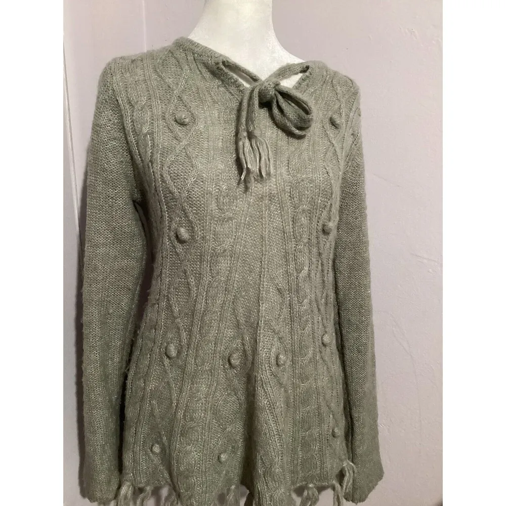 Prana Shelby Women's Cable Knit Fringe Gray Wool Blend Poncho Sweater S - Image 3