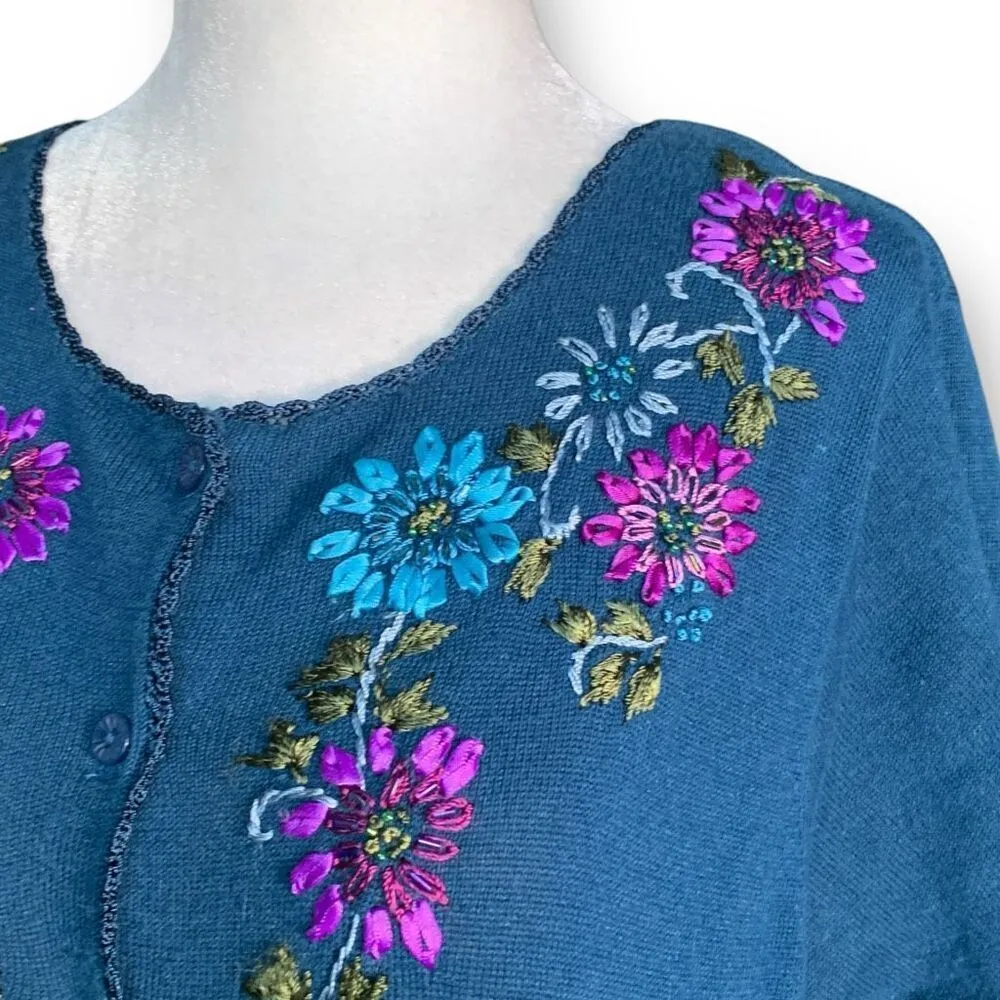Vintage 90s Embroidered Cardigan Sweater Dark Blue Floral Short Sleeve Knit 10 - Image 3