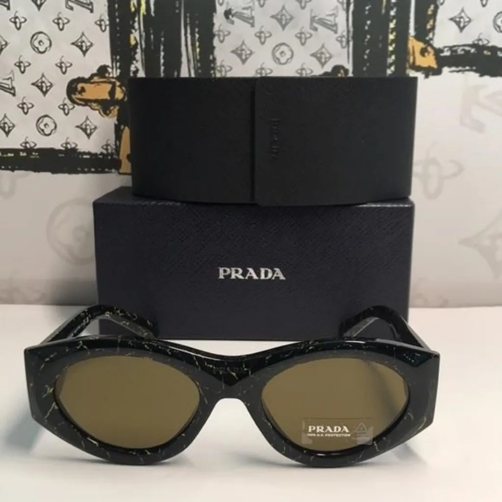 New Authentic Prada SPR 20Z Acetate Oval Symbole Sunglass– Black &Green Marbles - Image 6