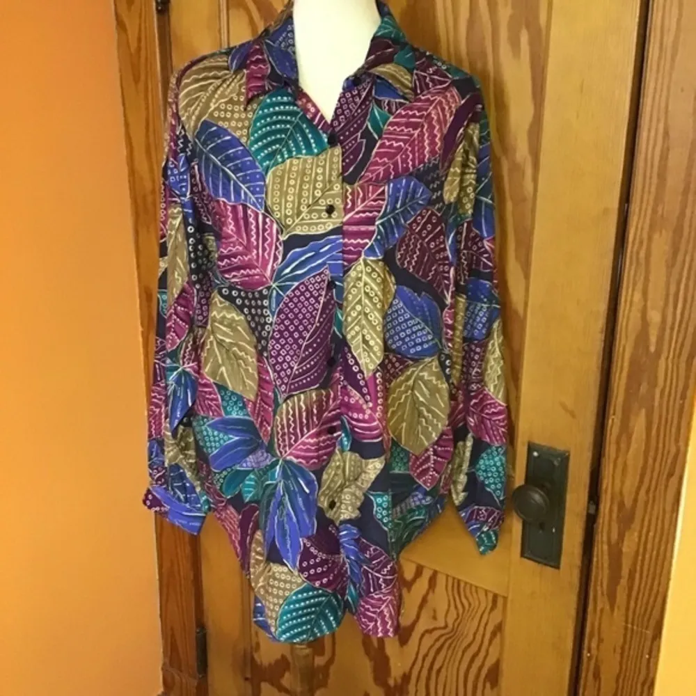 Vintage 80s Leaf Print Button Down Shirt Multicolor Long Sleeve Size 16 - Image 8