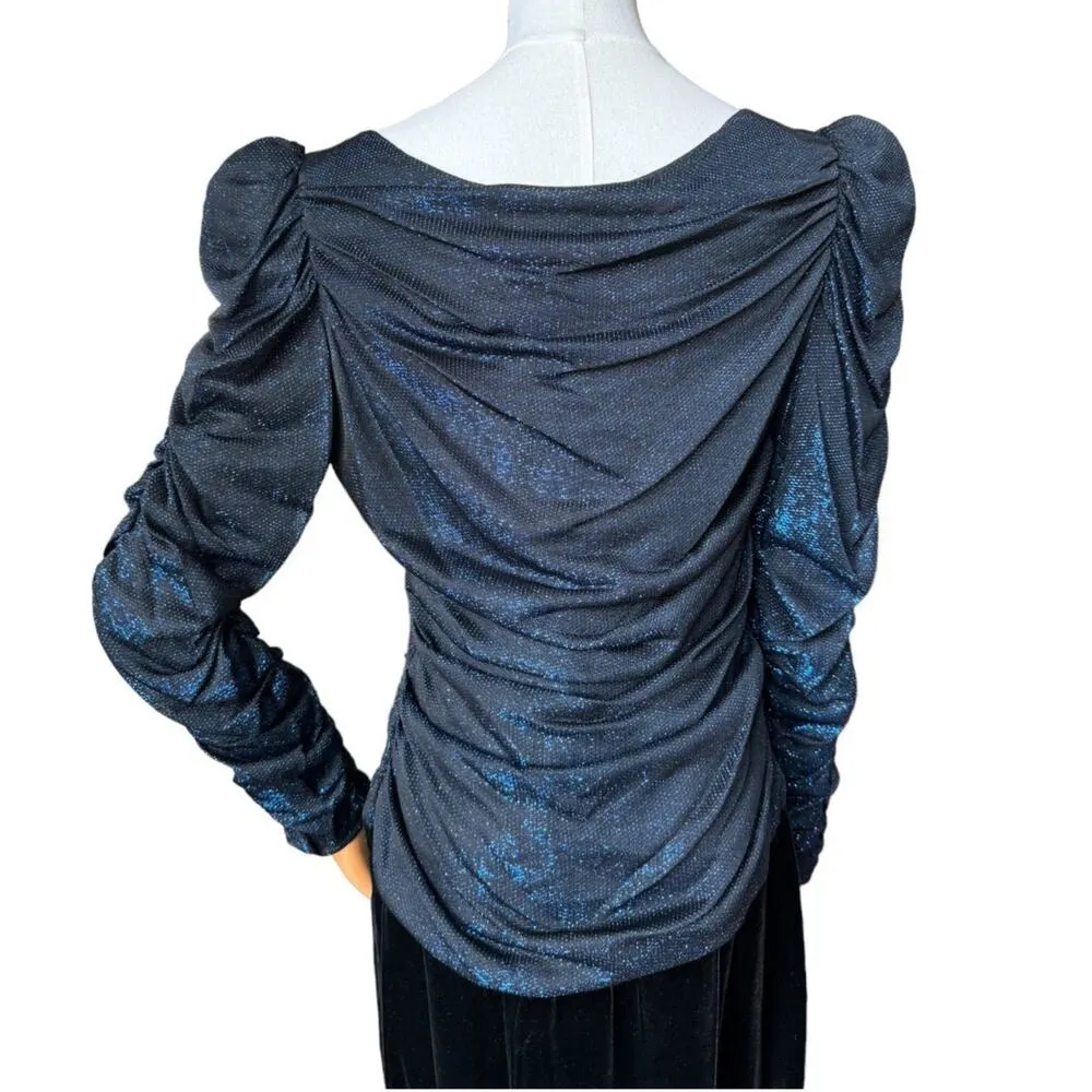 American Vintage Samir 70’s blue metallic Lurex & black velvet dress size medium - Image 8