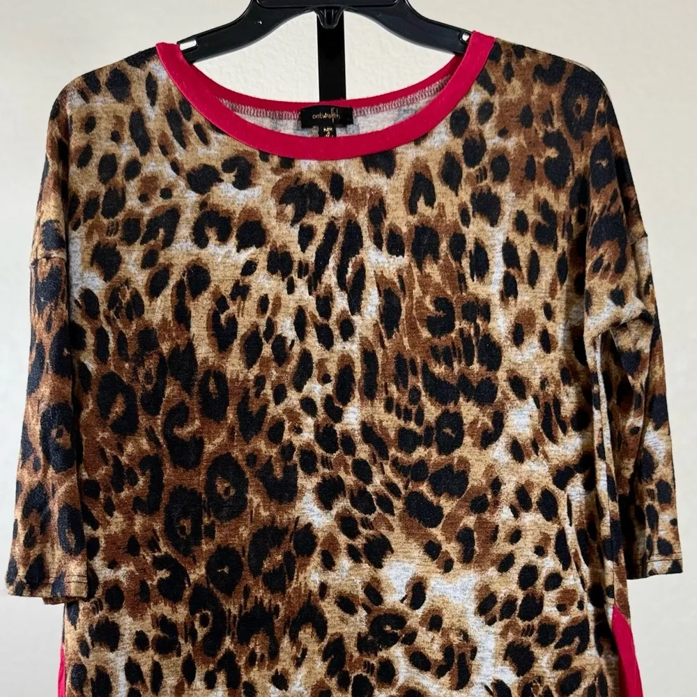 Leopard Print Tunic Top Large High Low Hem Cheetah Red Trim Animal Print Stretch Brown - Image 2