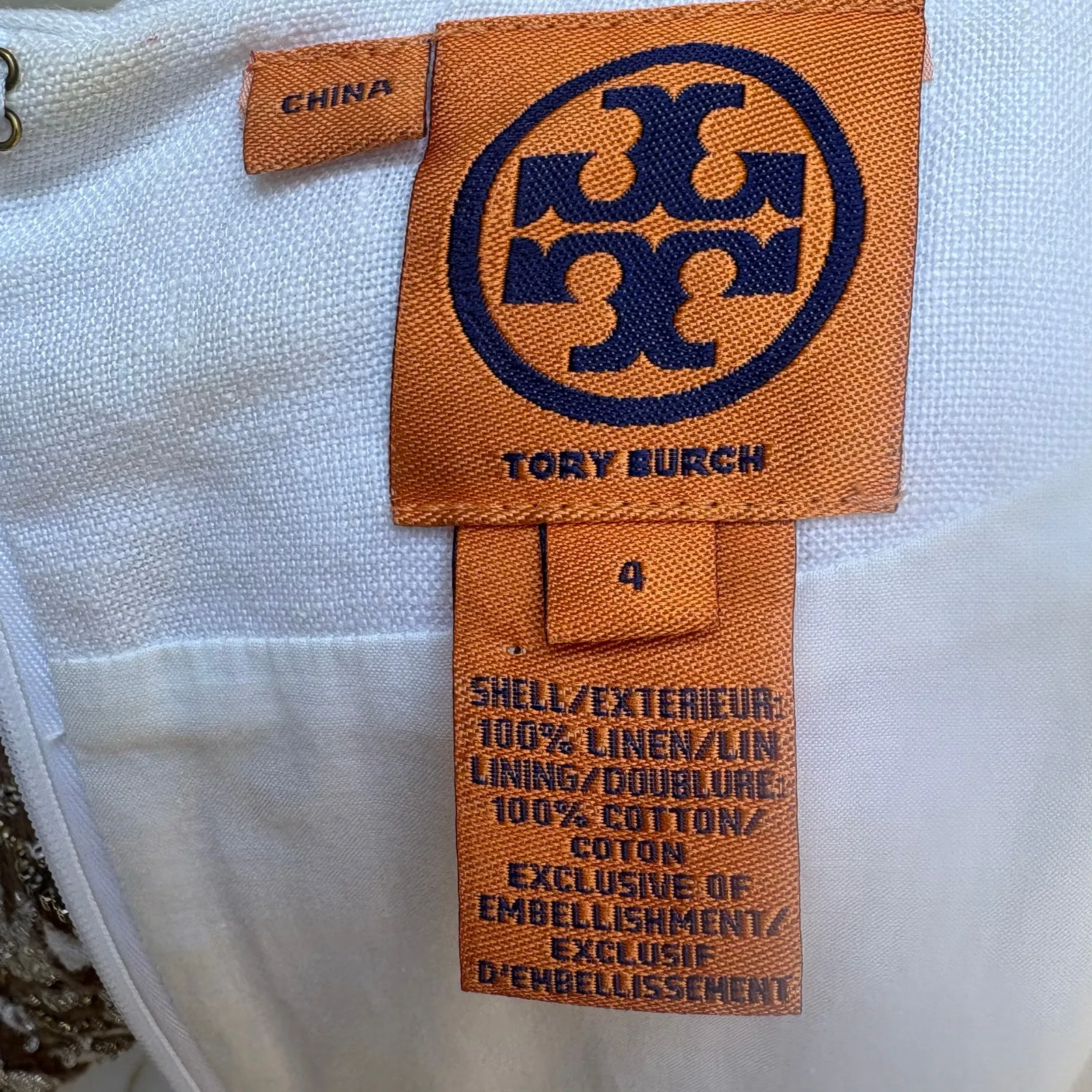 Tory Burch Beaded Mini Dress Tunic Sz 4 White Linen Brown Floral Embellished - Image 7