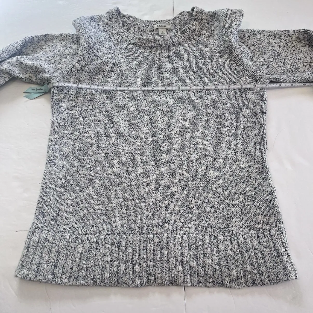 LL Bean Ivory Blue Marled Cotton Ragg Crew Neck Pullover Sweater SMALL PETITE Size undefined - Image 8