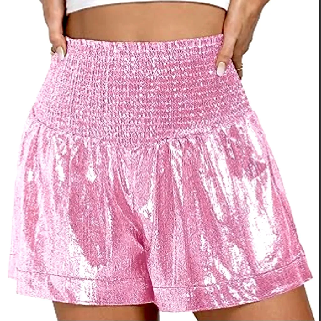 🎃*NWOT* women’s small metallic high waisted flowy party shorts‎ Pink - Image 1