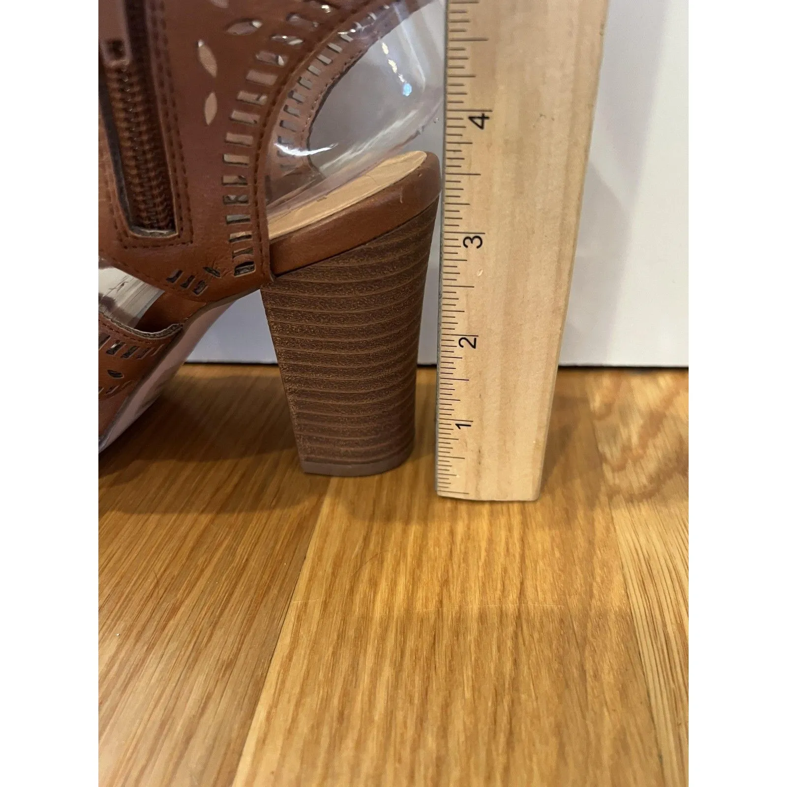 XOXO Shoes Womens Size 6.5M Brown Block Heel Cutout Booties Bloom Peep Toe Zip - Image 6