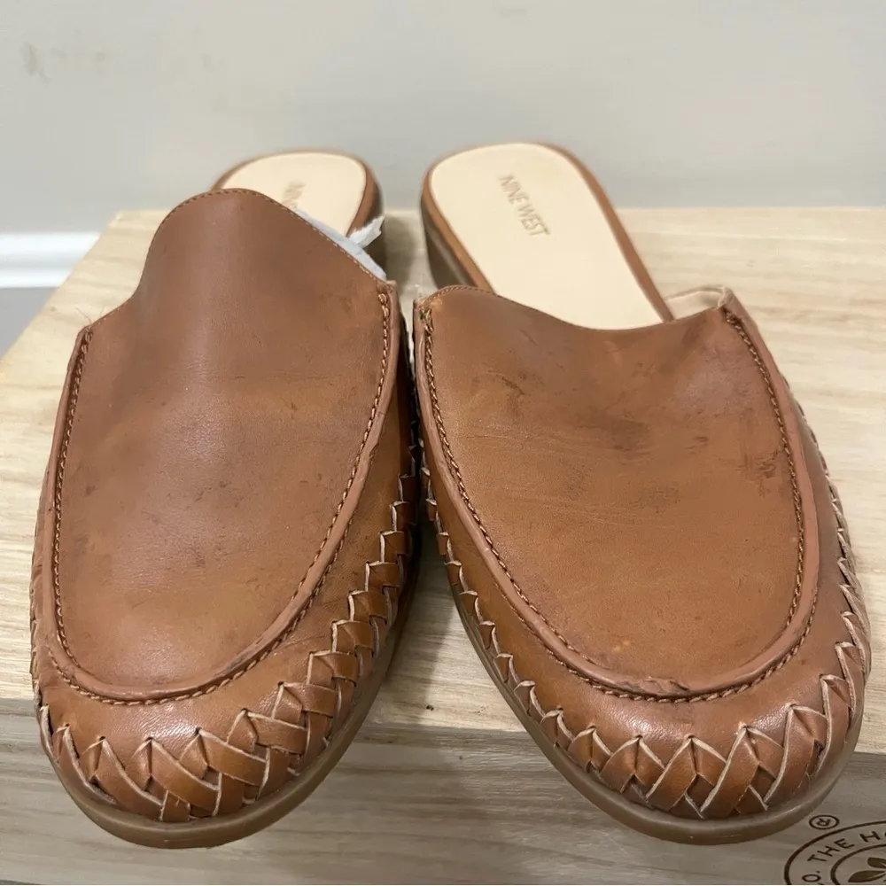 Nine West Juanita Brown Leather Braided Slip On Flat Mules 10 - Image 7