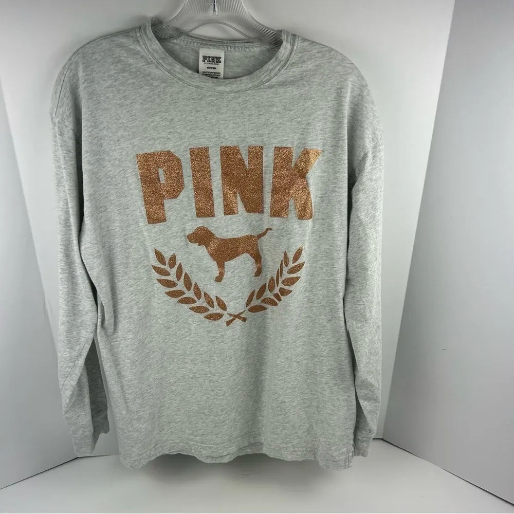 Victoria's Secret PINK Gray Long Sleeve Shirt M Gold Glitter Dog Graphic… - Image 2