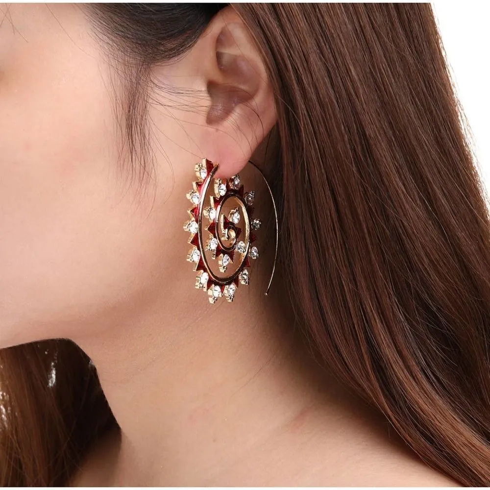 Gold Austrian Crystal Red Enamel Spiral Hoop Earrings - Image 2