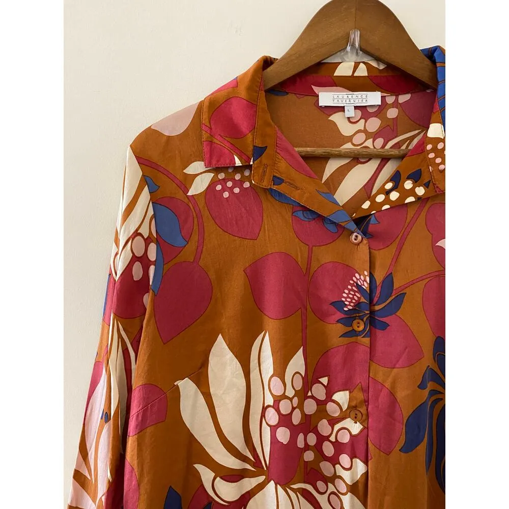 Laurence Tavernier French L Collared Sleep Shirt Dress Floral Burnt Orange EUC Size L - Image 4