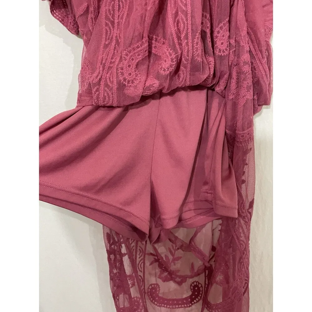 Women's Honey Punch Red Embroidered Floral Lace Overlay Vacation Romper Dress - Image 5