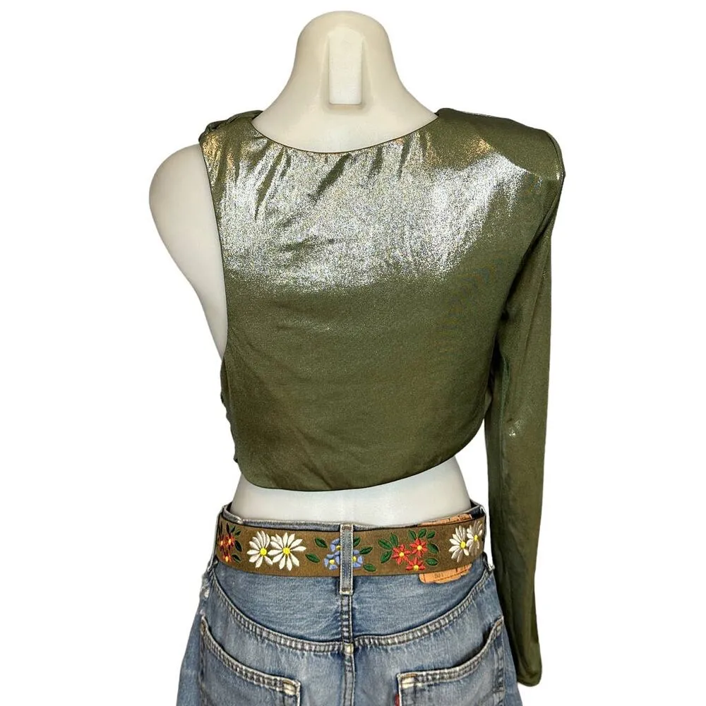 NBD Metallic Green One Shoulder Crop Top LARGE Asymmetric Club Rave Revolve $158 - Image 7