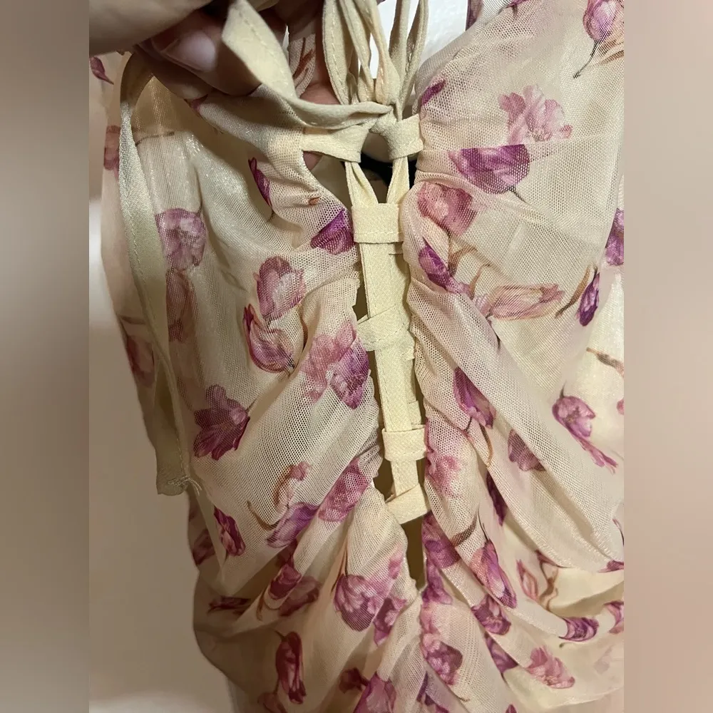 S.Betro Floral Romatic Vintage Aged Ruched Meshed Lace Up Front Dress  Size M - Image 6