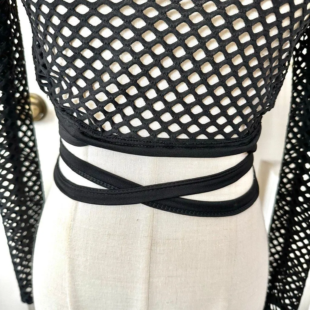 Rave Wonderland Black Fishnet Long Sleeve Wrap Crop Top Size undefined - Image 2
