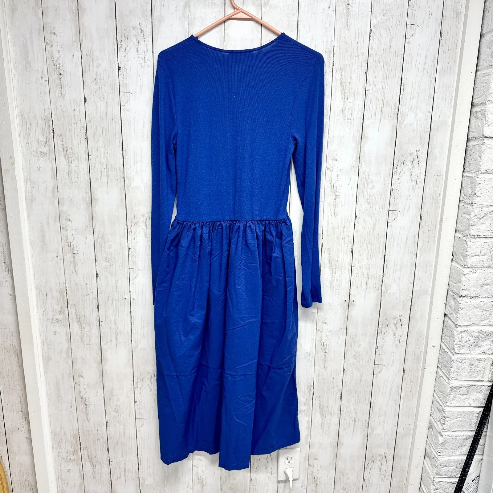Zara Dress Women Size Large Blue Ribbed Mixed Media Fit & Flare Long Sleeve Midi - Image 5