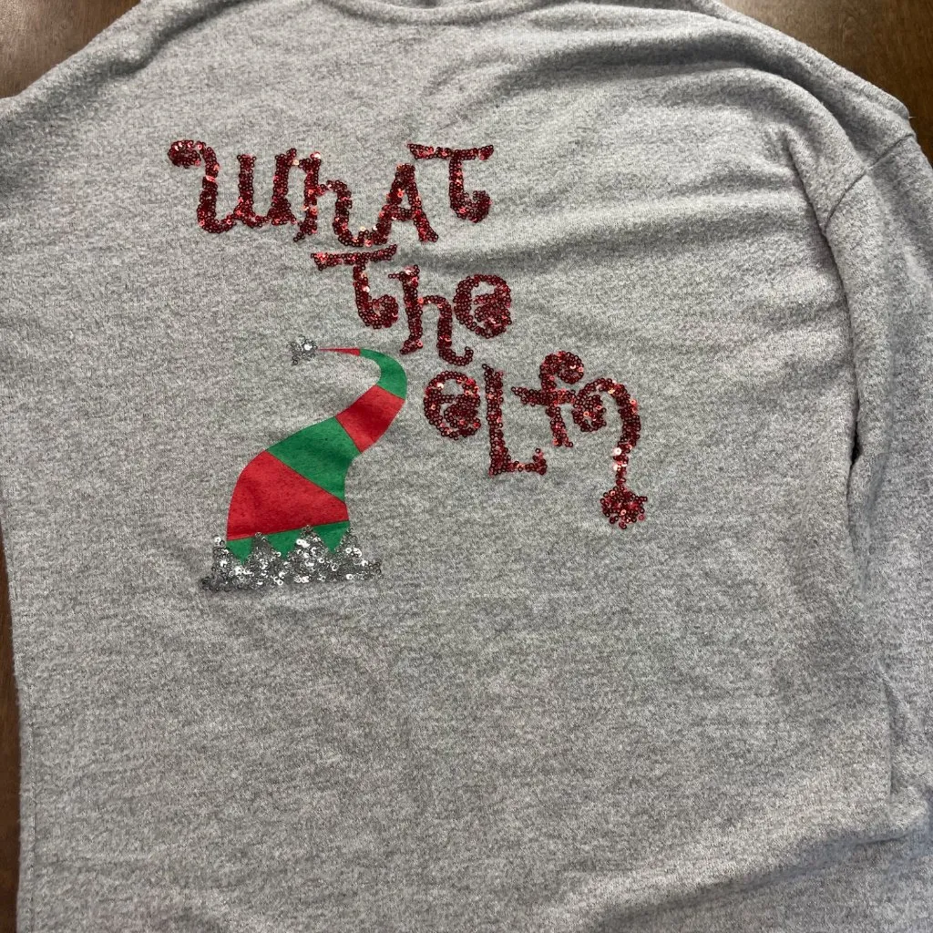 Poof 'What the Elf' Sweater JUNIORS Size Large Ugly Party Holiday Christmas Gray - Image 10