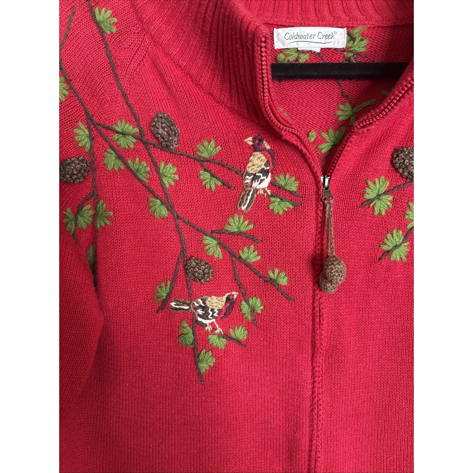 Coldwater Creek Large Red Embroidered Cardinals Pinecones Full Zip Cardigan - Image 3