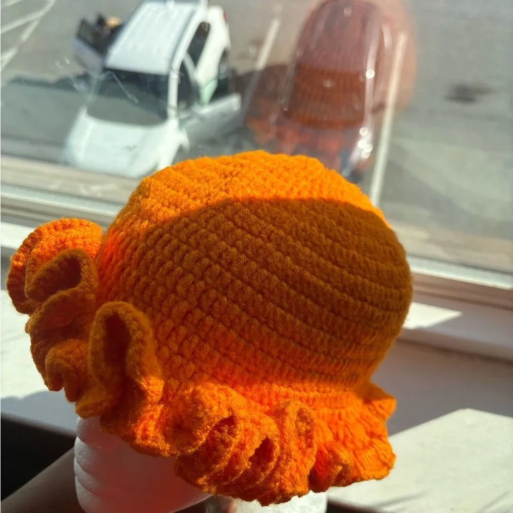 Vibrant Orange Ruffled Knit Hat - Image 2
