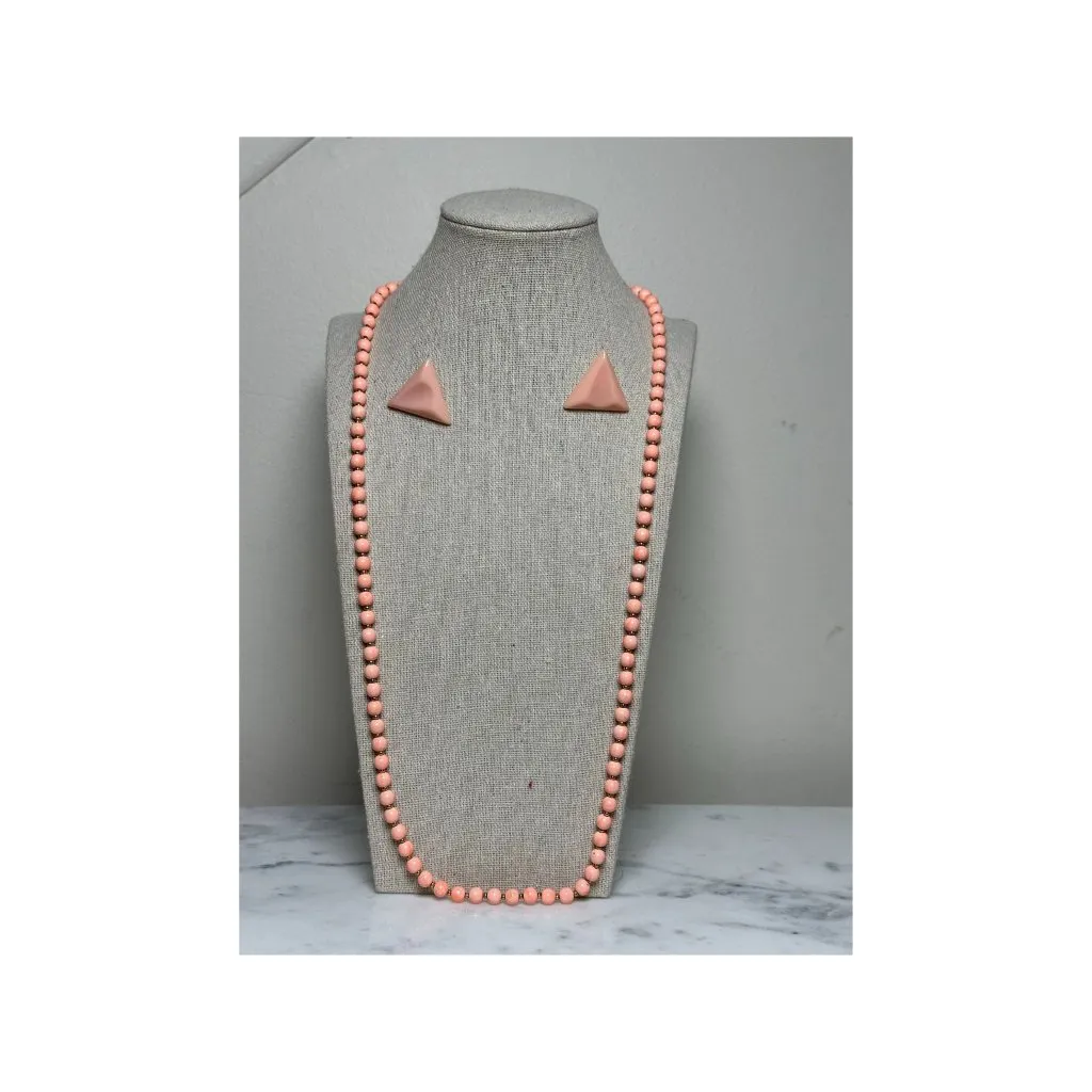 Vintage 1980s Pastel Peach Beaded Necklace and Triangle Earrings Set Retro 30" - Image 5