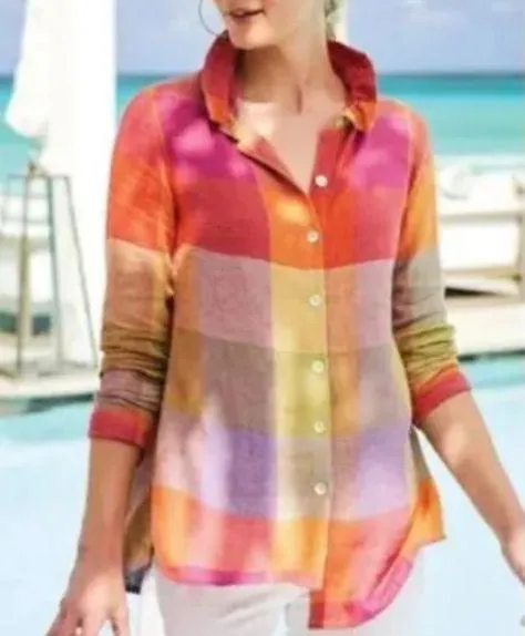 Soft Surroundings Galina Multi-Color Plaid Linen Button Down Tunic Top Size PS - Image 2