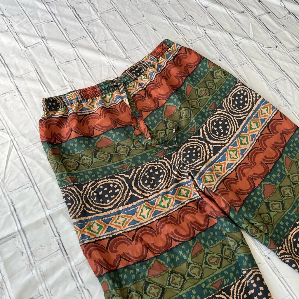 Vintage 90s Addiction Silk Tribal Print Boho Festival Pants Drawstring Relaxed M Green Size M - Image 4