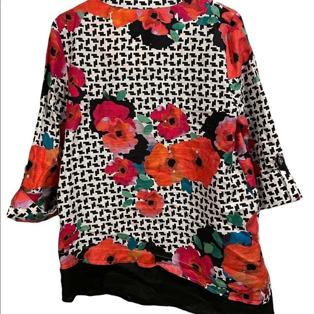 Rafaella Linen Watercolor Floral Geometric Roll Sleeve Asymmetric Lagenlook Top - Image 3