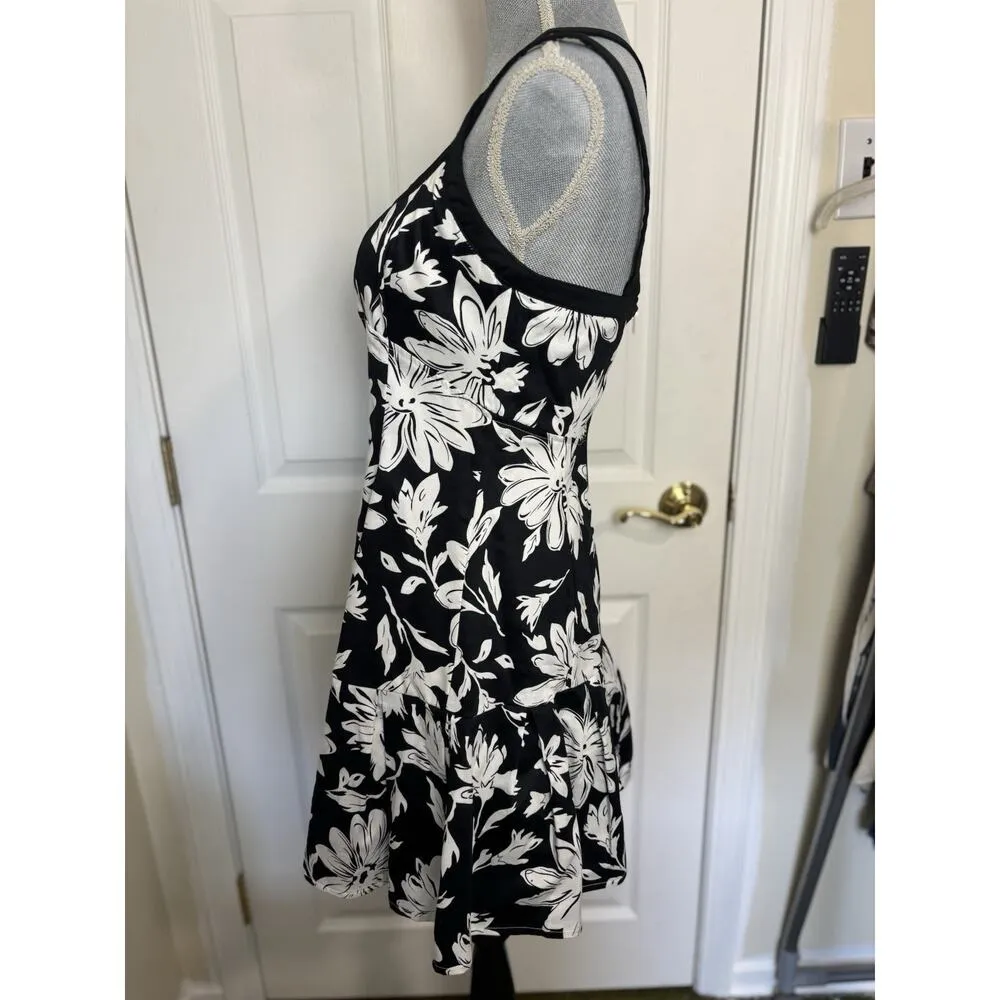 Black & White Floral Baby Doll Mini Sleeveless Dress Size Med Wedding Guest - Image 2