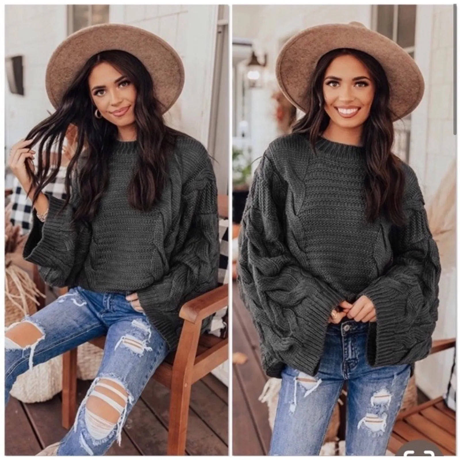 Zenana Wide Bell Sleeves Sweater Crew Neck Pullover Gray Cable Knit Size Small‎ - Image 2