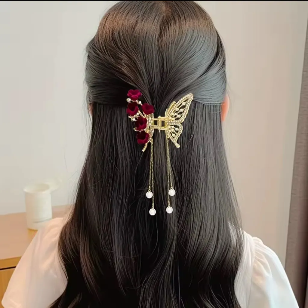 Faux Pearl Tassel Hair Claw Clip Red Rose Jaw Clips Metal Shark Clips For Girls Gold - Image 4