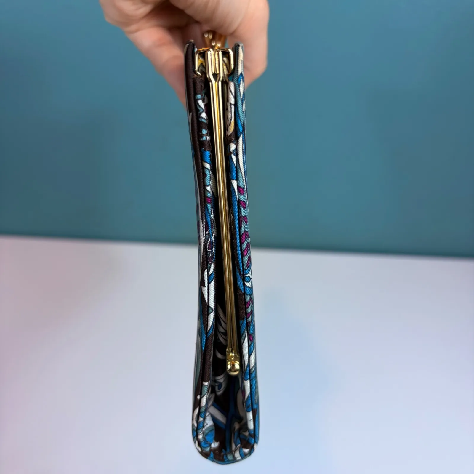 Y2K Vtg Banana Republic Floral Clutch Evening Bag Kiss Lock‎ Silk Brown Blue - Image 8