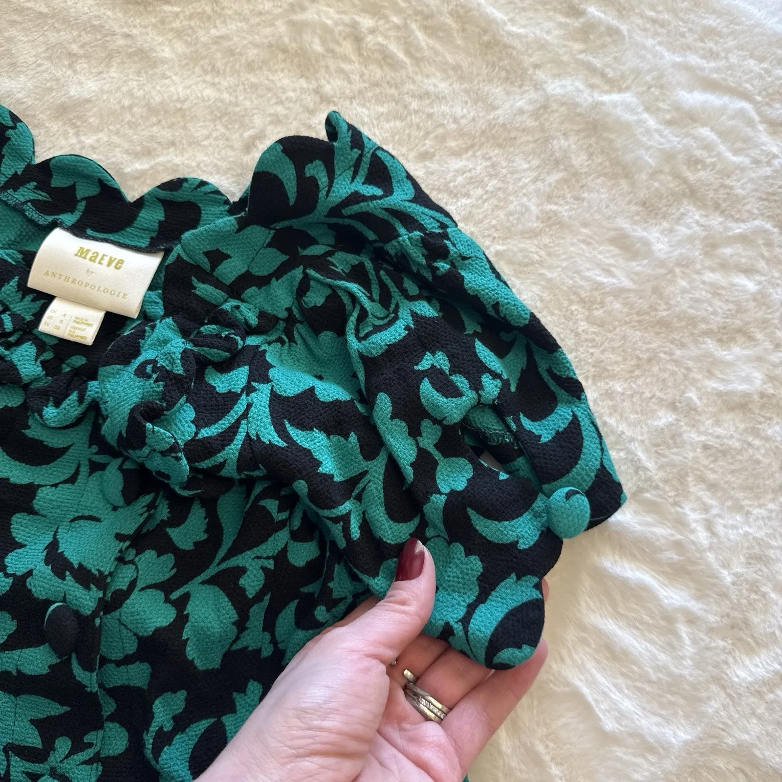 Anthropologie Maeve Aseey Blouse Floral Black And Green Jacquard Blouse Feminine - Image 9