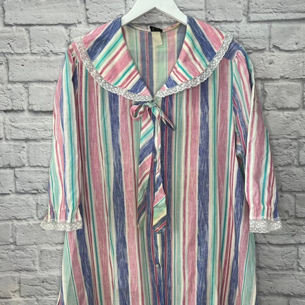 Vintage Improved Living Striped Robe House Coat Size L Ruffle Lace Button Pink Size L - Image 2