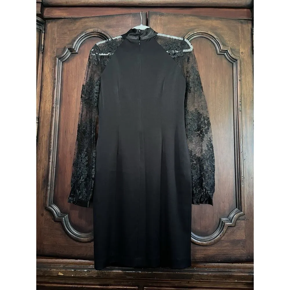 Kay Unger Cocktail Mini Dress Black Sz 4 Lace Sleeve Satin Tie Neck Retail $318 - Image 3