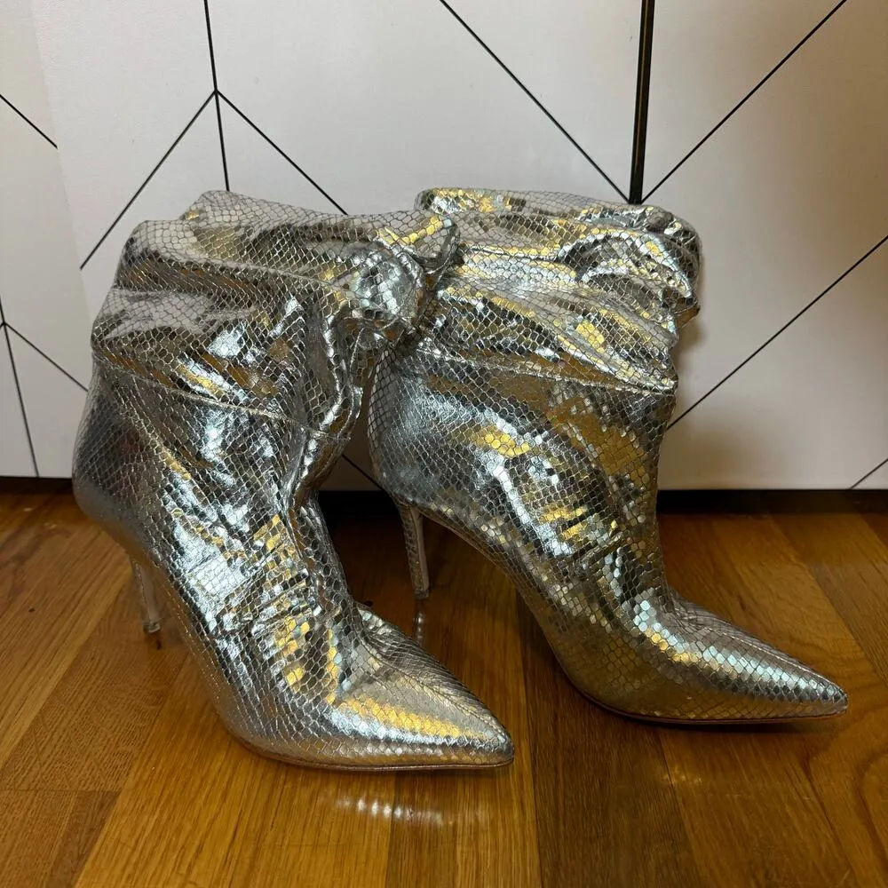 Black Suede Studio Womens 37.5 Leather Metallic Snake skin Slouchy Heel Boots Silver Size 7 - Image 2