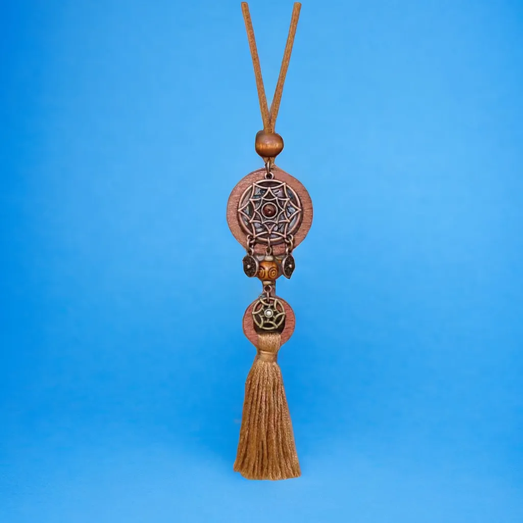 Boho Ladies 1 Pendant‎ Wooden Cut Out Necklace Round Hollow Set White Flower Tan - Image 10