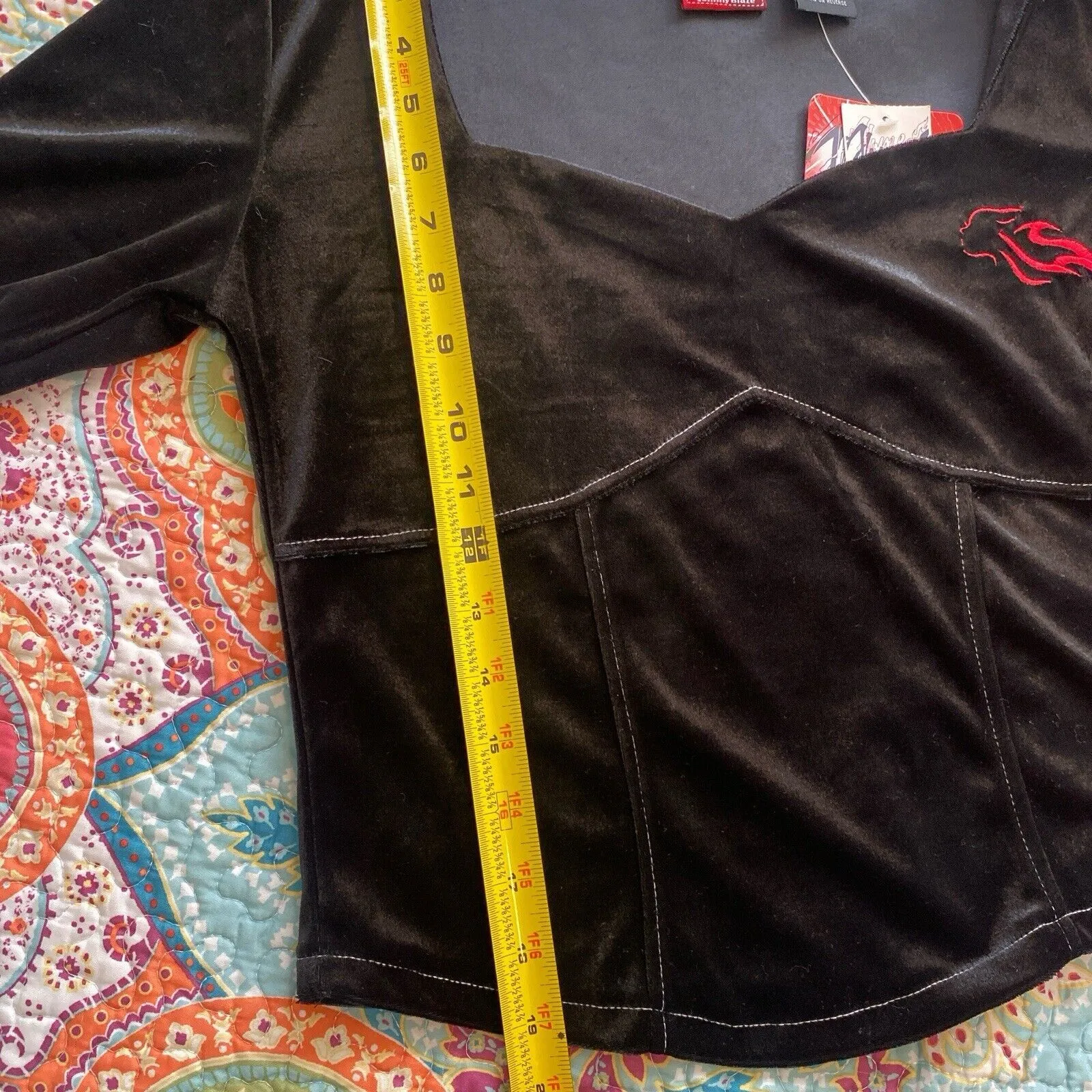 Women's Johnny Blaze Flames Vintage Dead Stock Stretch Velour Crop Top Black L Size L - Image 8