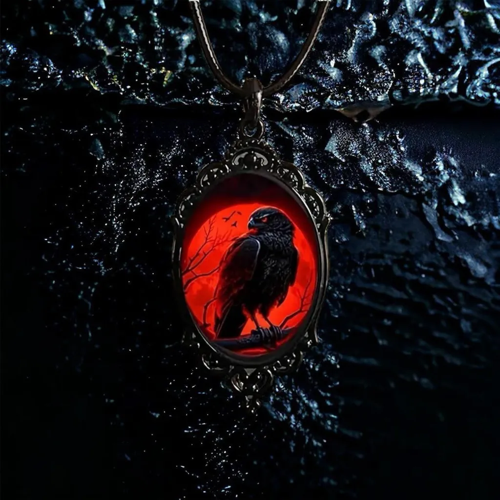 Gothic Crow Red Moon‎ Cameo Style Black Necklace Pendent - Image 3