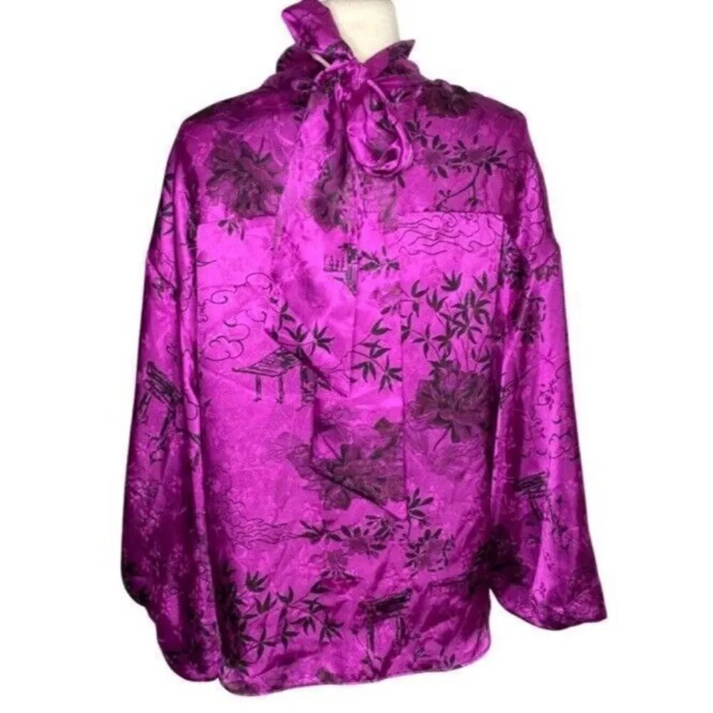 NWT ZARA FUCHSIA JACOUARD SATIN PRINTED JAPANESE BLOUSE Sz SMALL - Image 8