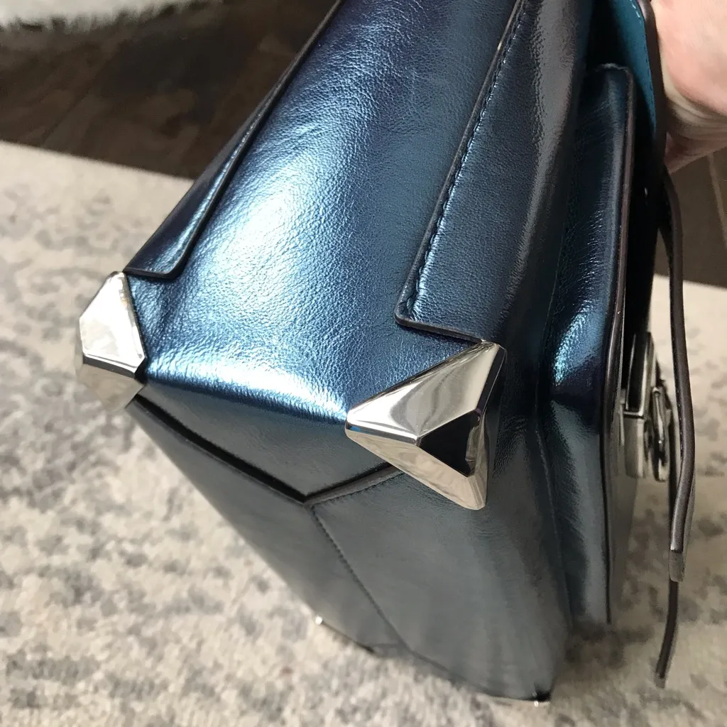 Michael Kors Manhattan Medium Top Handle School Satchel Bag, Metallic Leather Blue - Image 6