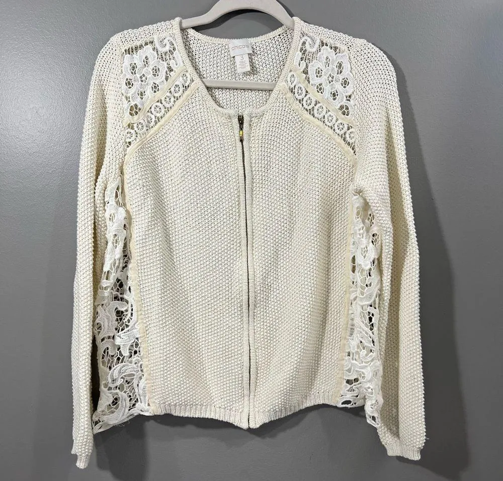 Chico’s womens XLarge 3 ivory white Lainey Lace zip up crew neck cardigan - Image 2