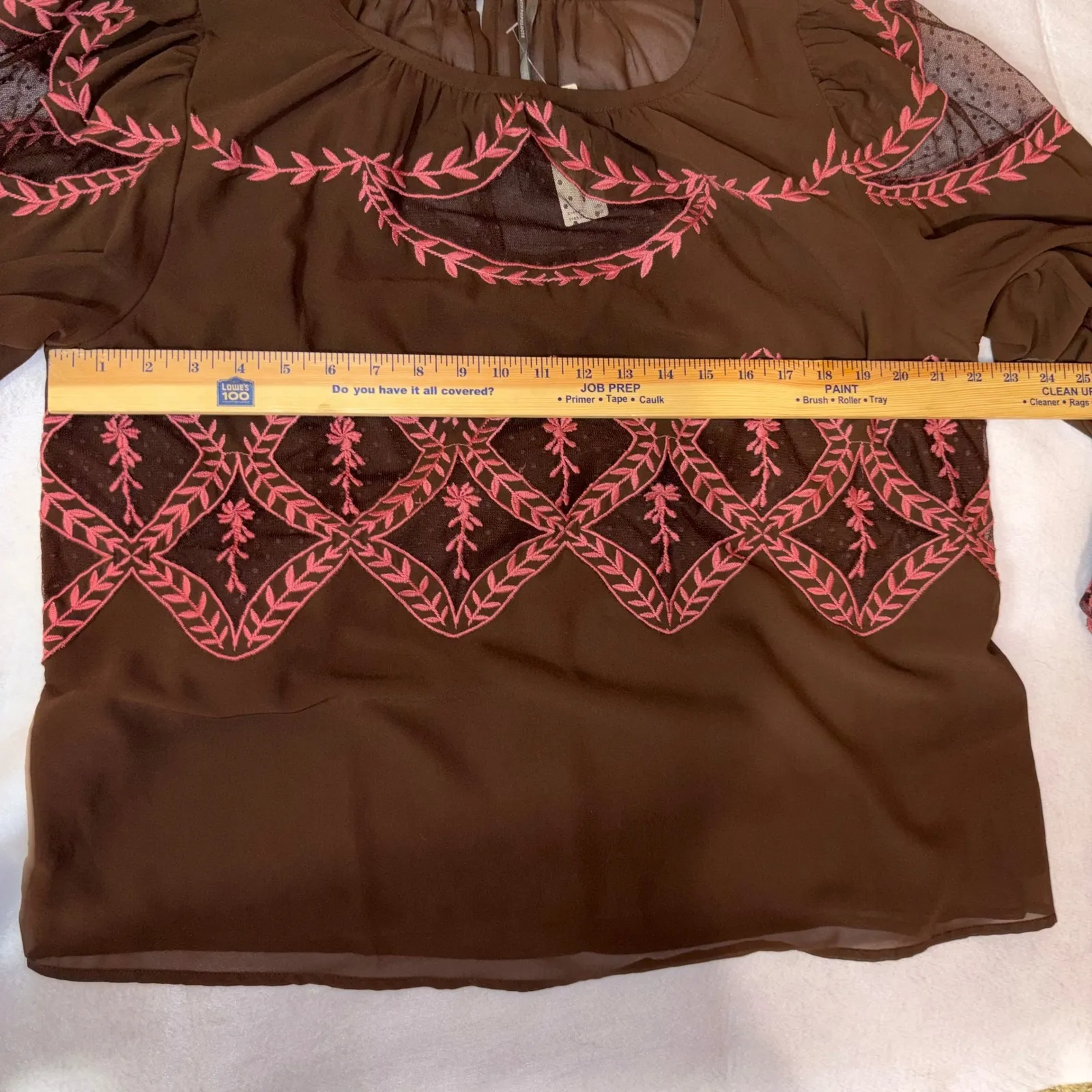Anthropologie Long Sleeve Appliqué‎ Embroidered Sheer Brown Blouse Top Size L - Image 8